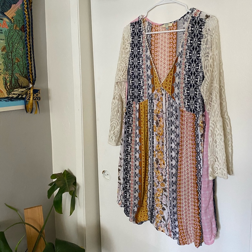 boho flowy bell-sleeved patchwork sun dress